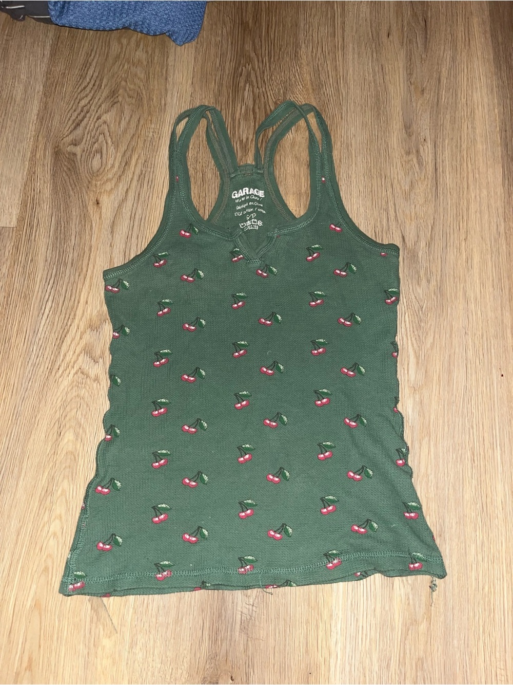 VTG Garage Olive Green Cherry-Print Ribbed Racerback Tank